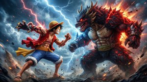 Luffy en Kaido botsen in de lucht met enorme kracht en bliksem.