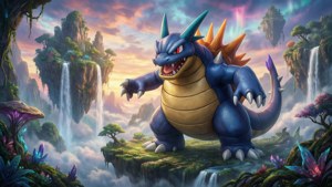 A blue and gold dragon on a floating island with waterfalls and glowing plants at sunset.