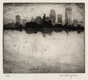 Skyline by Edwin Kaufman, created 1926, in drypoint. Download this artwork as a high-resolution wallpaper for desktop, tablet, or mobile. — Edwin Kaufman Wallpaper