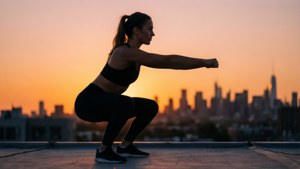 Pistol squat silhuett mot bysilhuett i gyllen time