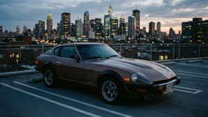 Datsun 280ZX sur un toit au crépuscule avec vue sur la ville.