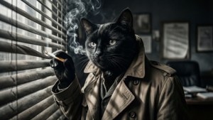 Musta kissaetsivä kurkistaa sälekaihtimien läpi savuisessa noir-toimistossa.