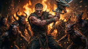 Dynamic action shot of Guts cleaving through demons with the Dragon Slayer.