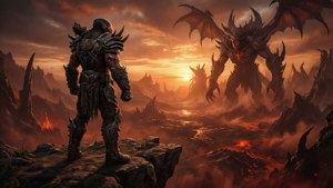 Doom Slayer överser ett helvetiskt landskap vid solnedgång
