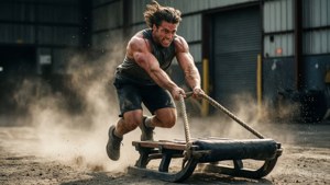 Räjähtävä kuva calisthenics-urheilijasta, joka vetää raskasta kelkkaa raa'alla voimalla teollisessa ympäristössä.