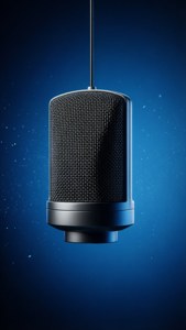 A modern hanging microphone on a blue gradient background.