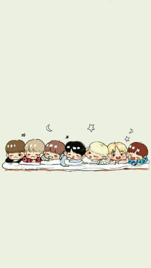 Seven cartoon boys sleeping together under stars and moons on a blanket. — Bts Chibi Wallpaper