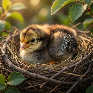 A sleeping chick in a cozy nest with warm lighting.