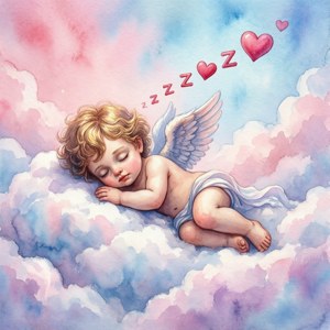 Aquarel slapende Cupido op wolk met hart zzz