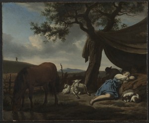 Sleeping Shepherds by Adriaen van de Velde, created 1663, in oil on wood. Download this artwork as a high-resolution wallpaper for desktop, tablet, or mobile. — Art Picture