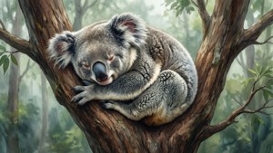 Fredelig sovende koala i en tregaffel i akvarellstil.