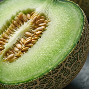 Makrooptagelse af skåret Crenshaw-melon med grønt frugtkød og frø.