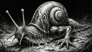 Ein Junji-Ito-Hintergrundbild eines schneckenartigen Menschen mit Spiralen im grotesken Tintenstil