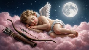 Cupido pacífico durmiendo en una nube rosa bajo un cielo nocturno estrellado.