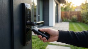 Una serratura intelligente RFID utilizzata su una porta d'ingresso alla luce del sole.