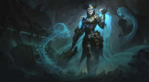 Fantasy warrior in dark armor casting blue magic surrounded by spectral skulls.
