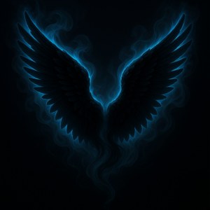 Glowing blue wings with smoke against a black background — Black angel wings Wallpaper