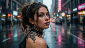 Kvinne med slange-tatovering og choker i regnfull neonopplyst bygate om natten