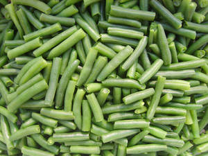 Fresh green beans piled together showing their glossy texture.