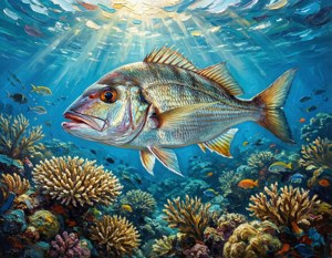 Oljemaleri av en snapper i et korallrev med flekkete sollys og en bakgrunnssverm av fisk.