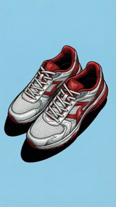 Sneakers bianche e rosse con un'ombra netta su azzurro chiaro