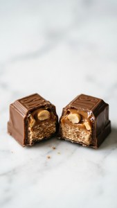Una barretta Snickers spezzata a metà che mostra i suoi deliziosi strati su marmo.