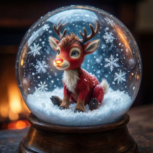 Rudolph kecil di dalam bola salju di atas rak perapian, makro dan aneh.
