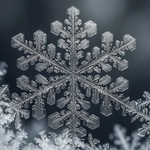 Eine kunstvolle monochrome Makroaufnahme eines Schneeflockenkristalls.