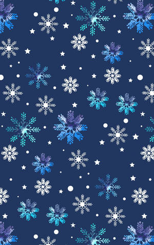 Snowflakes and stars glowing on a dark blue winter night background.
