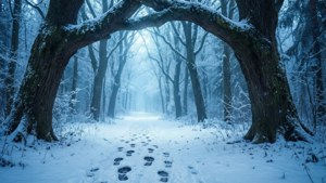 Snow-covered forest path with footprints under a blue misty canopy. — December Picture