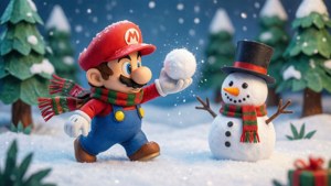 Paper Mario bermain di salju dengan perang bola salju.
