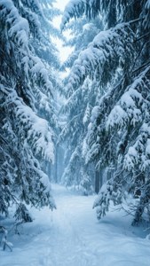 Ultra HD foresta di pini innevata con neve pesante e morbida luce blu invernale.