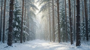 Snow-covered pine forest path with sunlight filtering through trees — December Picture