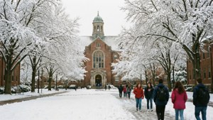 Eine friedliche Winterszene auf dem Hauptquad der Washington University mit Schnee und Brookings Hall.