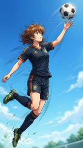 Lompatan vertikal dinamis Ashito Aoi meraih bola sepak melawan langit biru