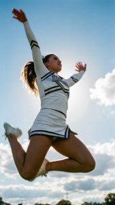 Ein helles, sonniges Foto einer Cheerleaderin in einem perfekten Zehenspitzen-Sprung.