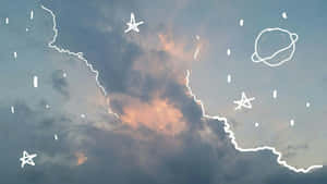 Hand-drawn stars and a planet float in a twilight sky with soft orange clouds. — Soft Aesthetic Computer Picture