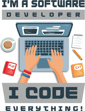 Illustration of a developer coding on a laptop with books and coffee nearby.