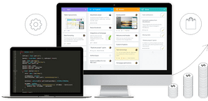 Laptop and desktop showing code and productivity apps with dollar stacks and business icons.