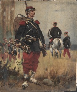 Soldiers by Édouard Detaille, created c. 1892, in oil on panel. Download this artwork as a high-resolution wallpaper for desktop, tablet, or mobile. — Édouard Detaille Wallpaper