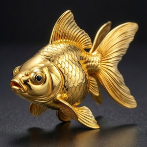 A goldfish made of pure gold, metallic and shiny.