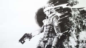 Masked warrior firing a pistol in a black and white illustration. — Gun Wallpaper