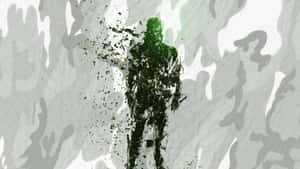 Green splatter art of a standing figure on camouflage background