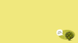 A green cartoon artichoke with a smiling face says okey dokey in a speech bubble on a yellow background.
