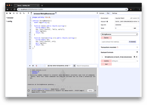 Remix IDE interface showing Solidity code and deployed blockchain contract.