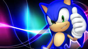 Sonic the Hedgehog gibt einen Daumen hoch mit leuchtenden Neonstreifen im Hintergrund. — Sonic Frontiers Wallpaper