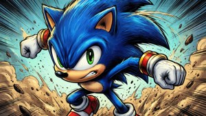 Sonic i en dynamisk tegneseriestil actionpose med bevægelseslinjer.