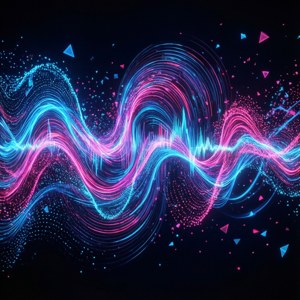 Visualizzazione astratta di battiti techno come onde sonore colorate e vorticose.