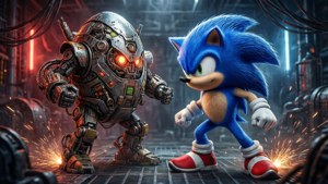 Sonic konfronterer Dr. Eggman i en højteknologisk kampscene.