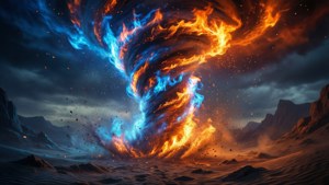 Tornado cósmico de fuego y hielo girando sobre un paisaje desértico árido.